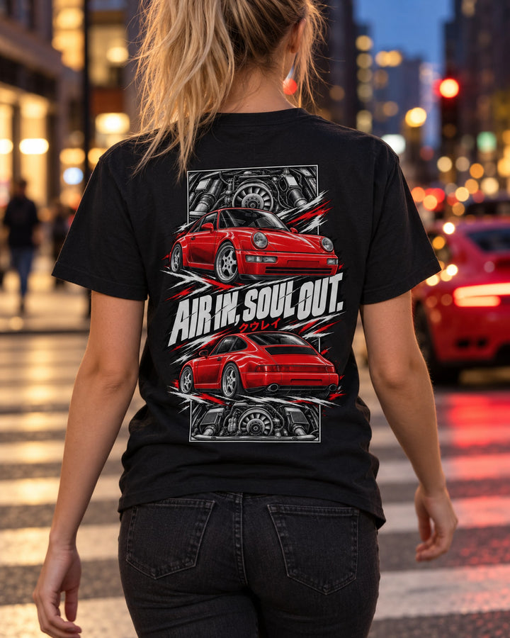 Porsche 911 964 Torn Poster Full-Back Graphic Tee T-Shirt Black worn hero