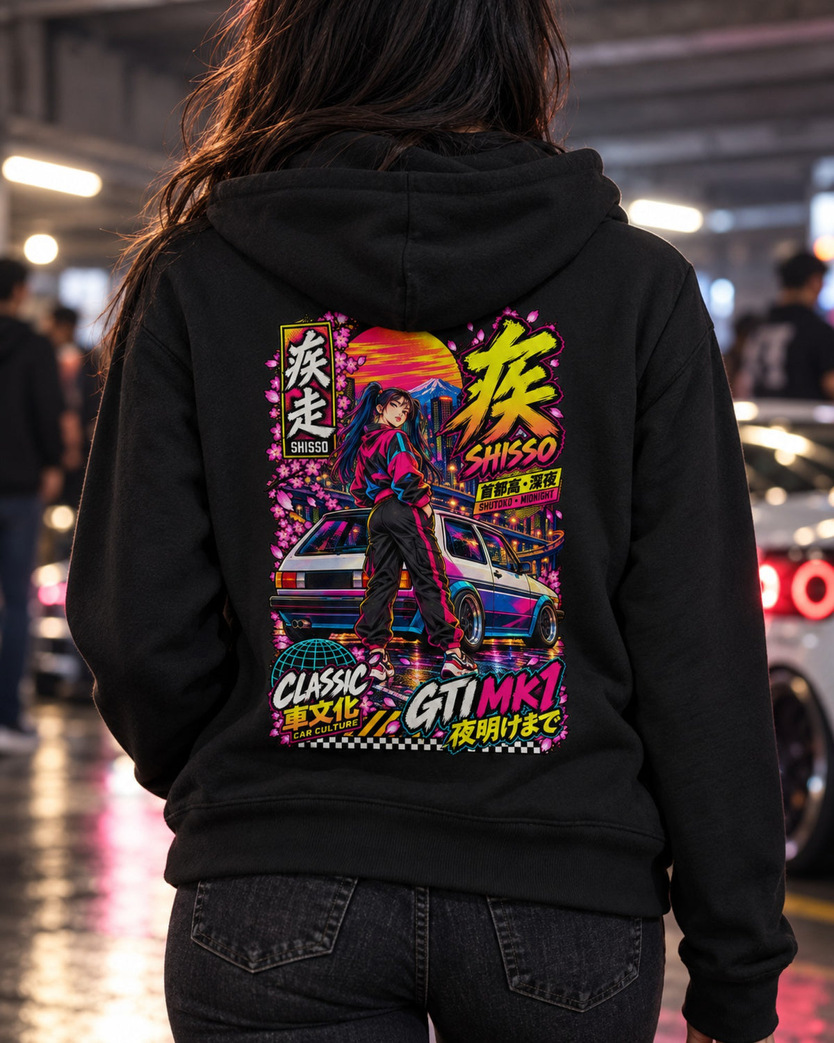 SHISSO GTI MK1 Anime Girl Full-Back Graphic Tee Zip Hoodie Black worn hero