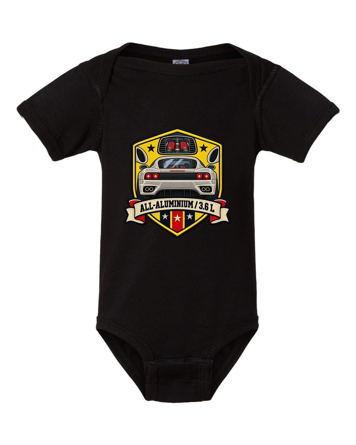 Shield crest print for the Ferrari 360 Modena with All-Aluminium and 3.6 L lettering black baby onesie front view with the design