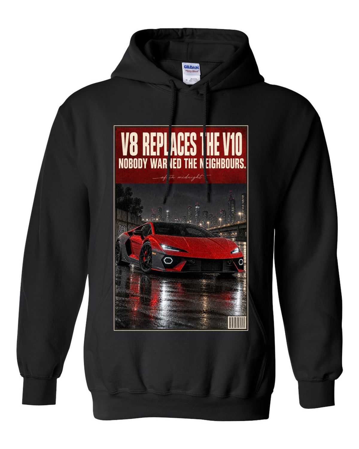 Night street print of the Lamborghini Temerario black pull over hoodie front view with the design