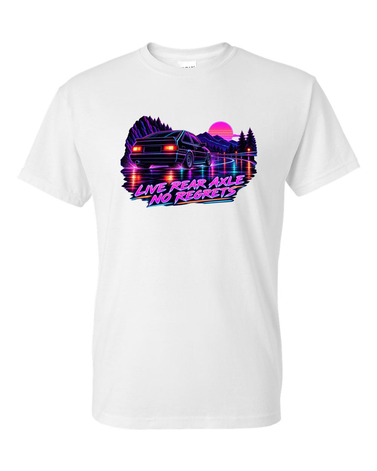 Neon synthwave line art print of a Toyota Corolla Levin AE86 with Live Rear Axle lettering white t-shirt front view with the design