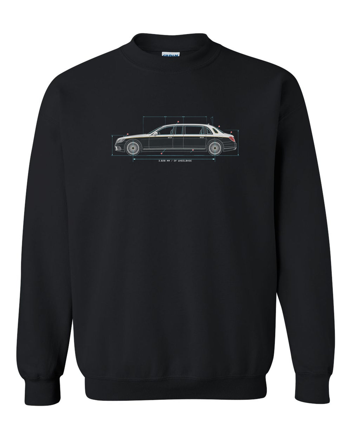 Maybach 62 S W240 Limousine Side Blueprint Tee black crewneck front view with the design