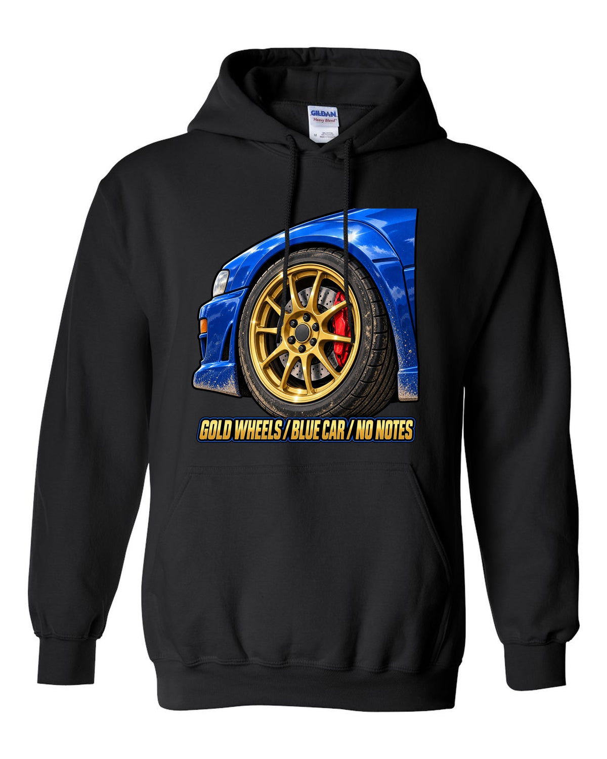 Subaru Impreza WRX GC8 painterly gold wheel close-up on a blue car, GOLD WHEELS / BLUE CAR / NO NOTES black pull over hoodie front view with the design