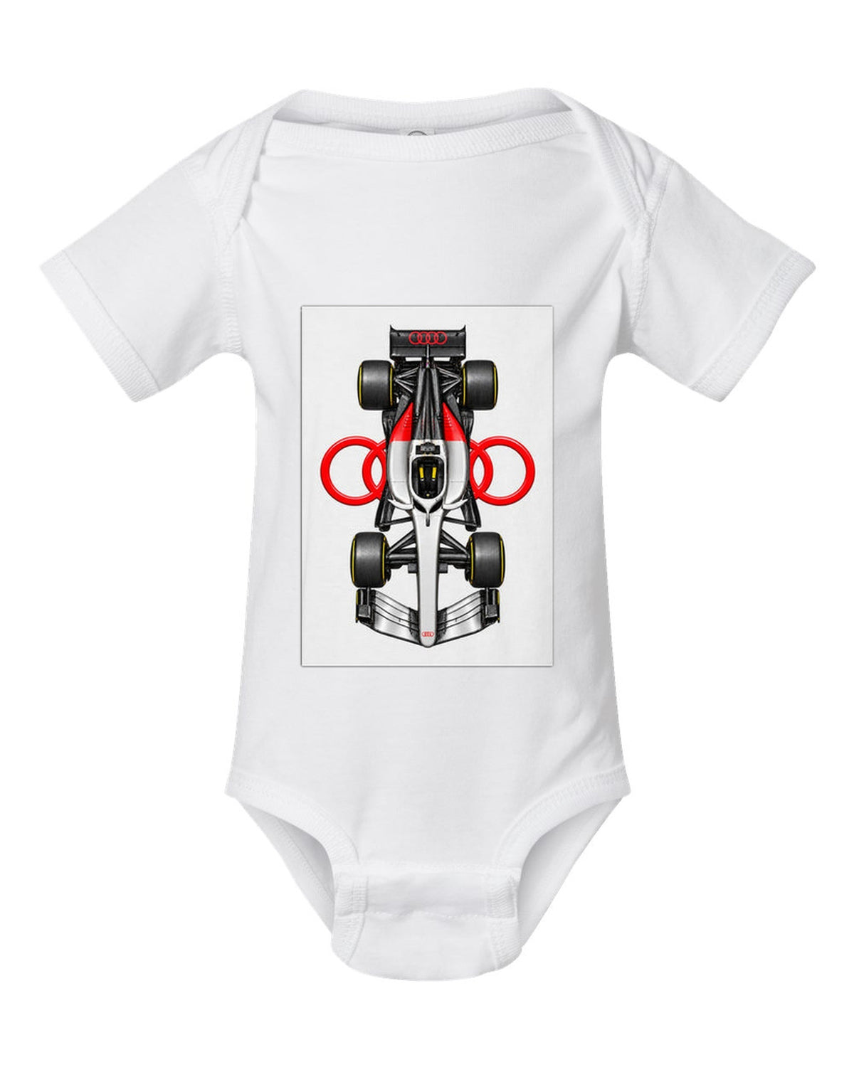 Audi R26 Formula 1 overhead poster artwork white baby onesie front view with the design