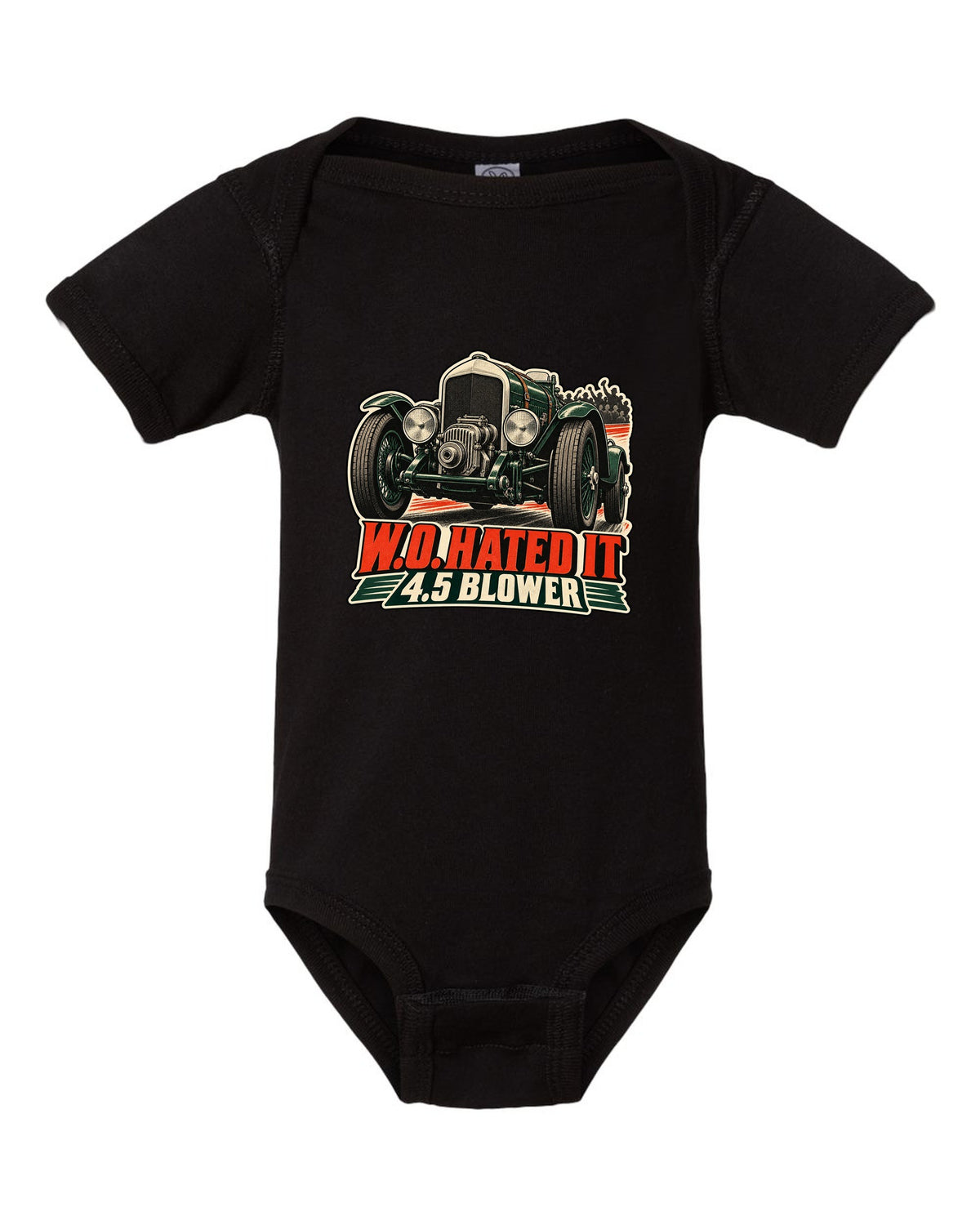 Vintage race poster style print of the 1929 Bentley 4.5 Litre Blower with W.O. lettering black baby onesie front view with the design