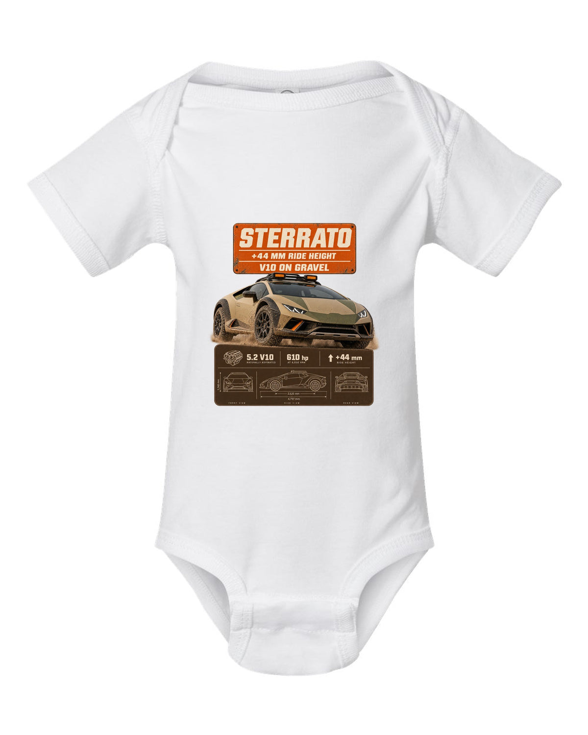 Spec poster print of the Lamborghini Huracan Sterrato white baby onesie front view with the design