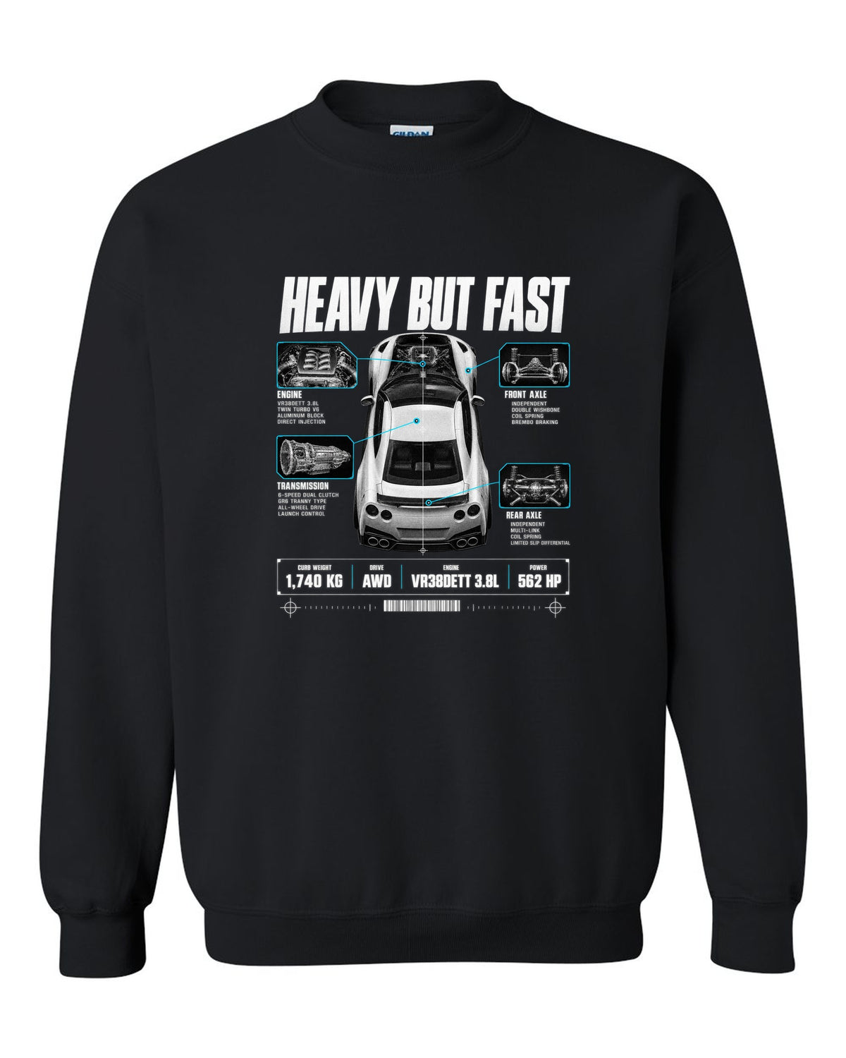 Top-down and profile spec poster of a Nissan GT-R R35 with 1,740 kg curb weight and VR38DETT lettering black crewneck front view with the design