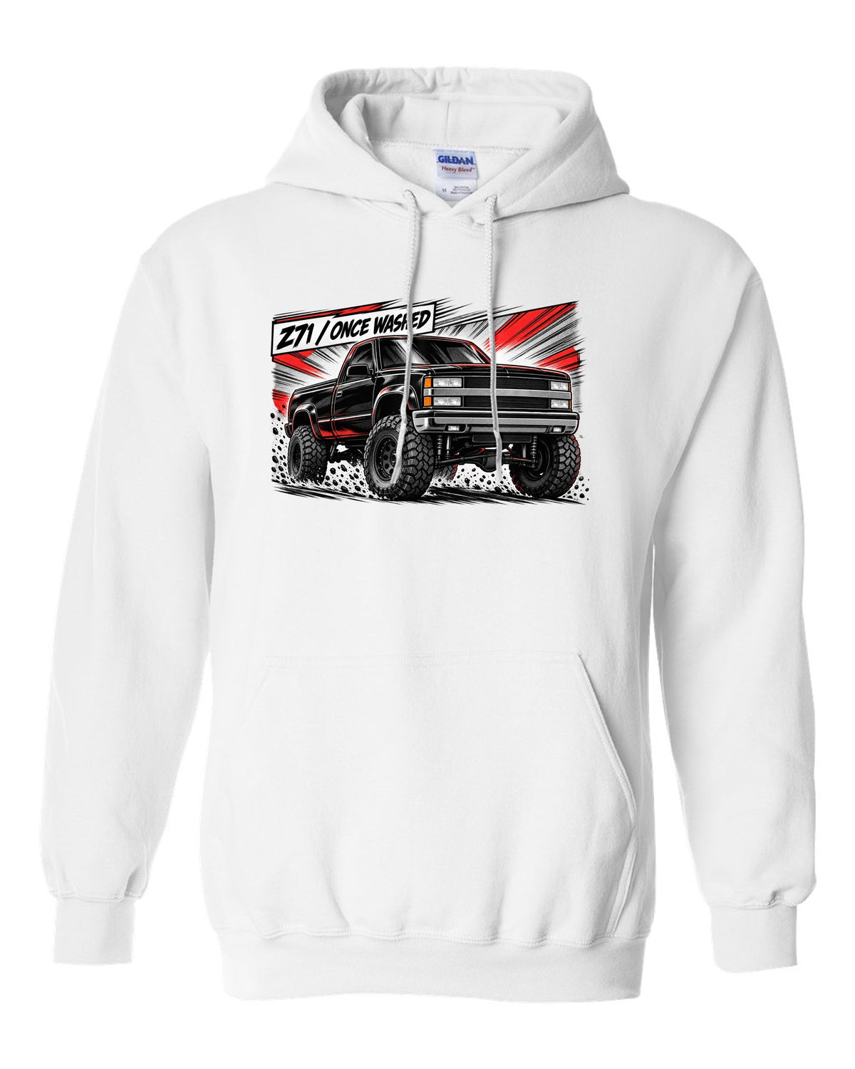 Retro manga halftone panel print of a 1988-98 Chevrolet GMT400 K1500 Z71 OBS with Z71 once washed lettering white pull over hoodie front view with the design