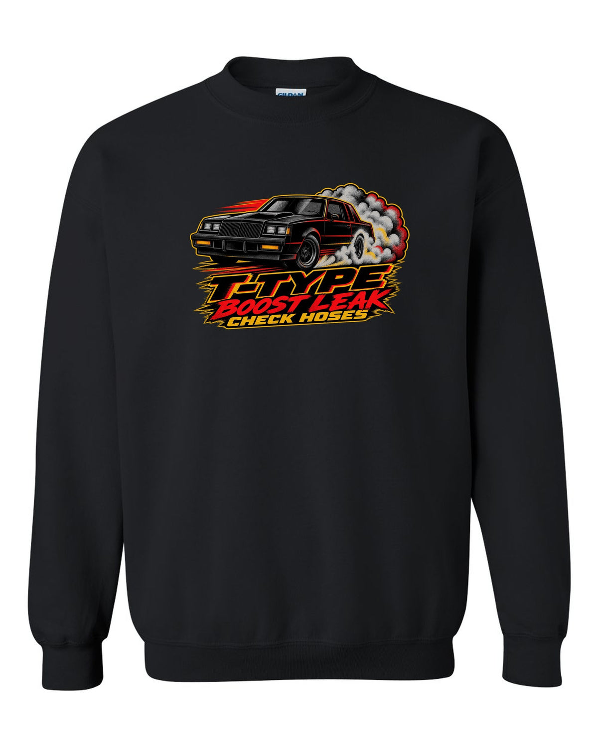 1986 Buick Regal T-Type G-body burnout in halftone screenprint style black crewneck front view with the design