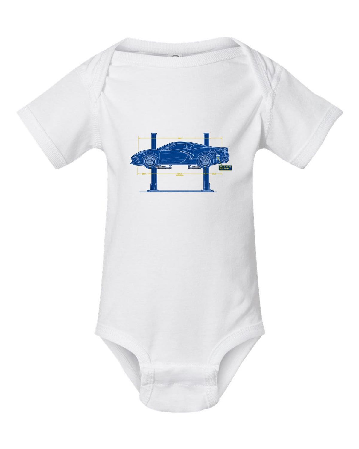 Retro manga halftone panel of a 2023 Chevrolet Corvette C8 Z06 with dry sump oil lettering white baby onesie front view with the design
