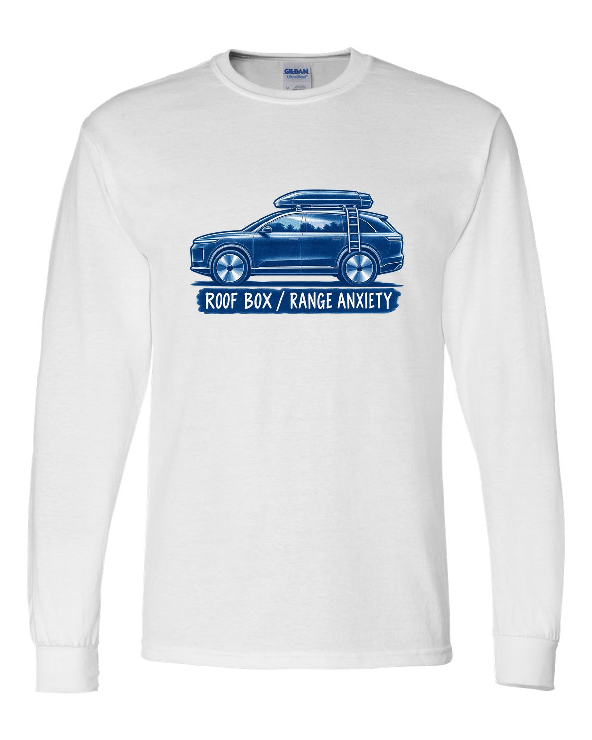 Lucid Gravity white-on-blue cyanotype print with the text roof box range anxiety white long sleeve front view with the design