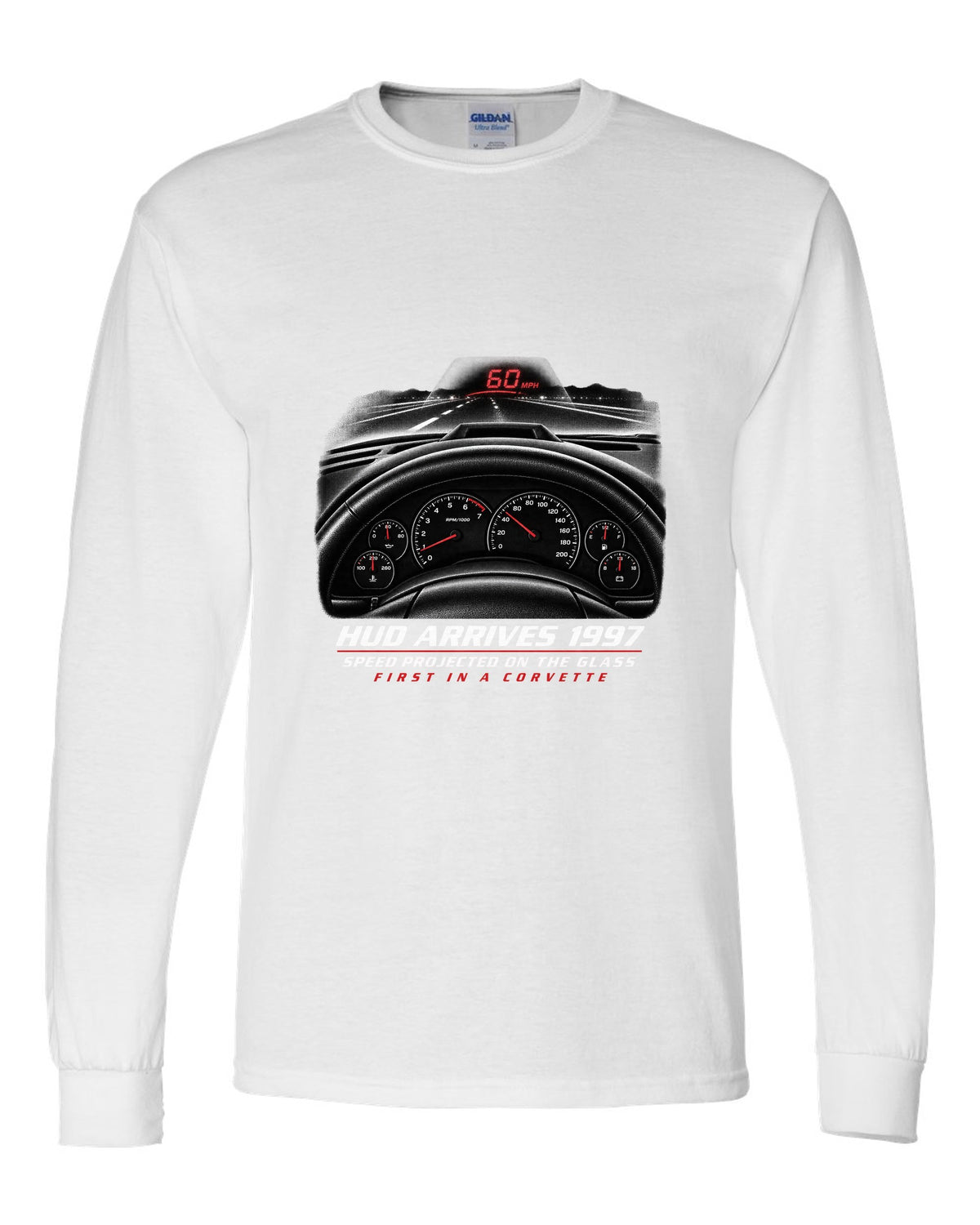 Corvette C5 heads-up display and gauge cluster print white long sleeve front view with the design
