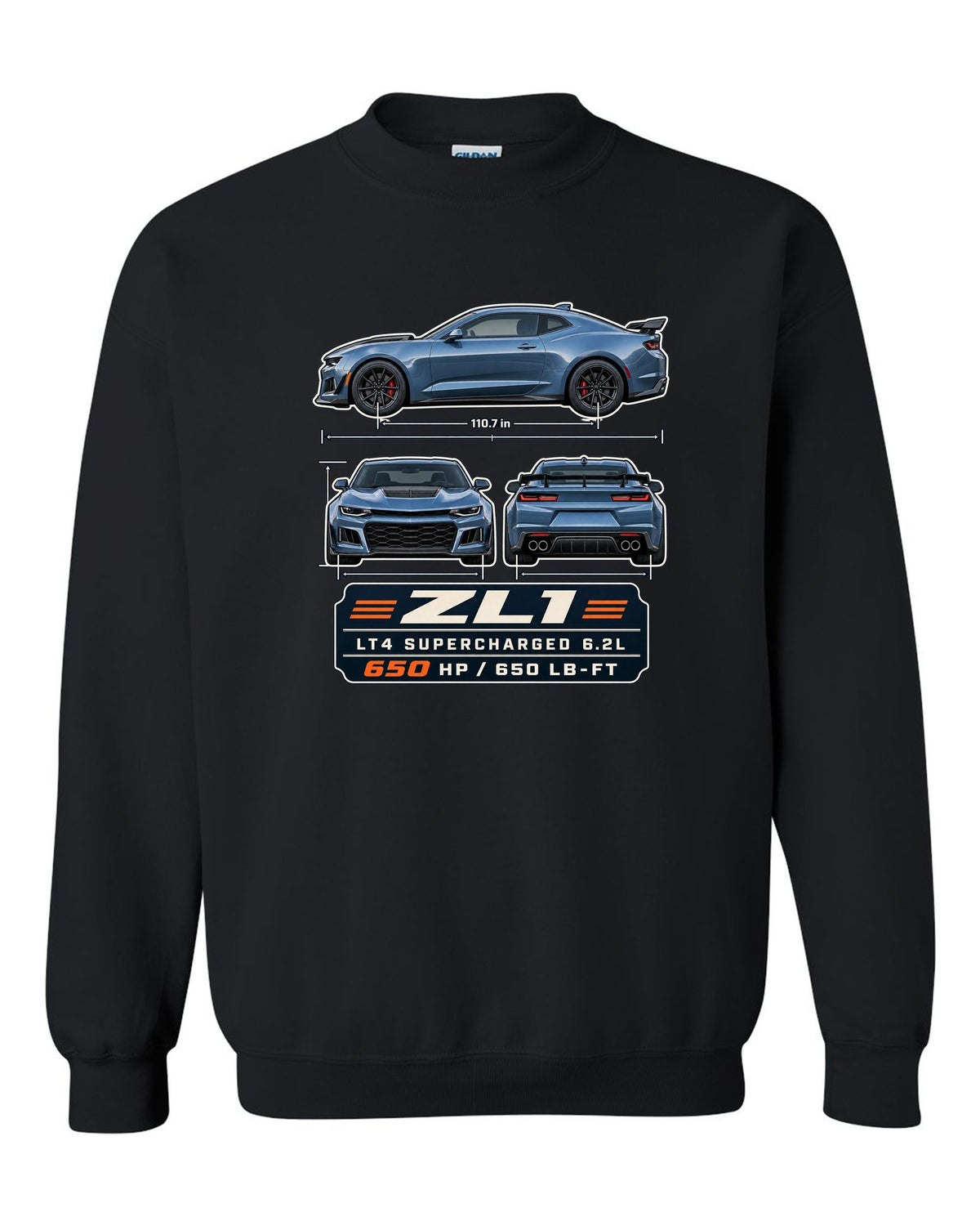 Three-view plate print of a 6th generation Chevrolet Camaro ZL1 black crewneck front view with the design