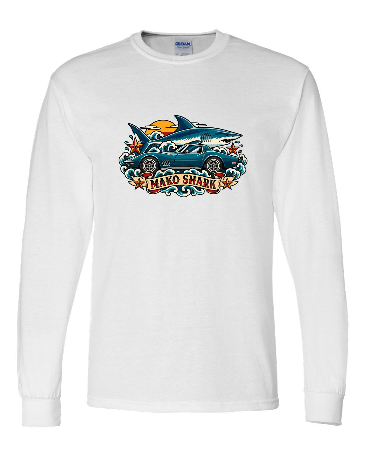 Retro tattoo flash print of a 1968 Chevrolet Corvette C3 Stingray with Mako Shark lettering white long sleeve front view with the design