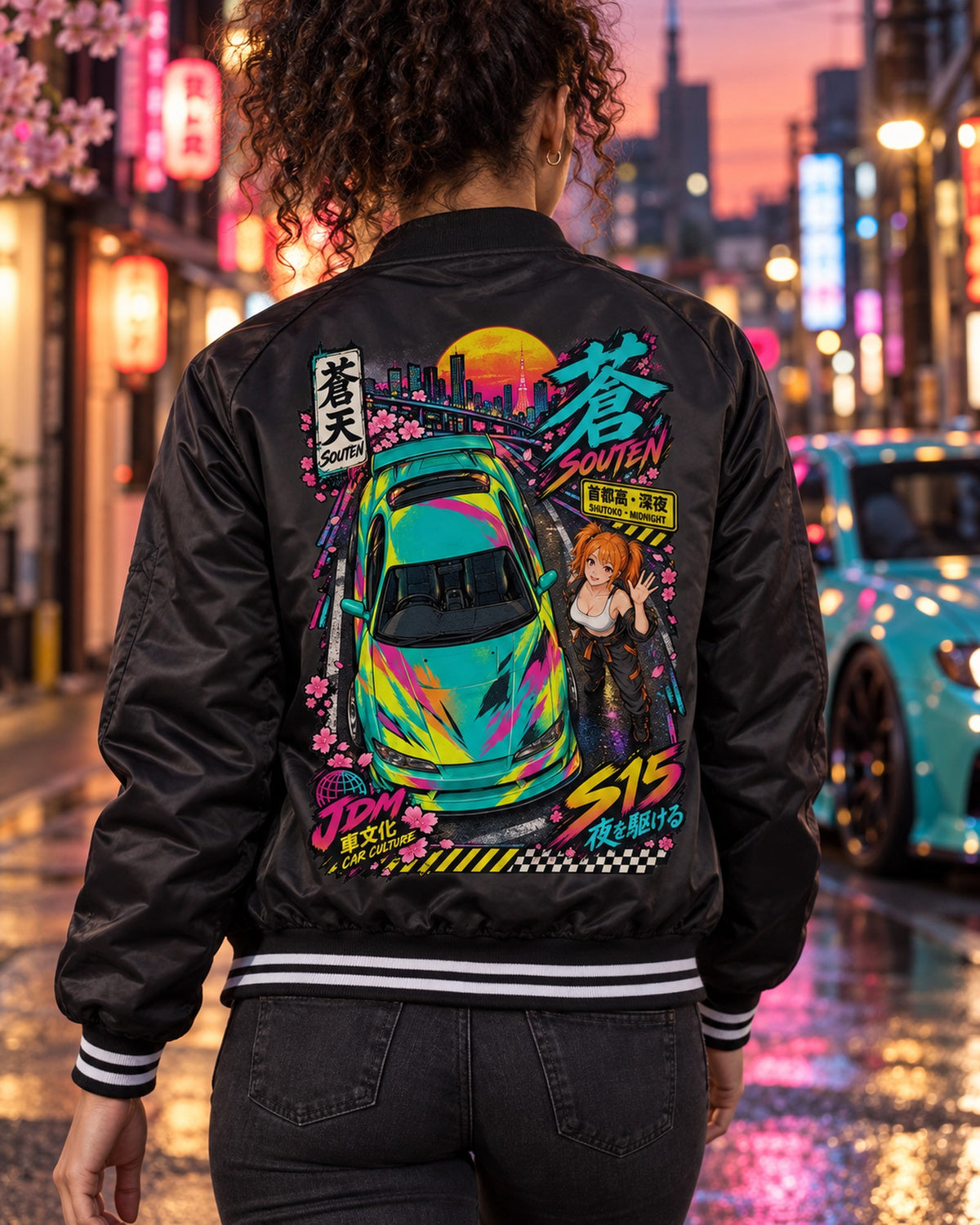 SOUTEN S15 Anime Girl Full-Back Graphic Tee Bomber Jacket Black worn hero