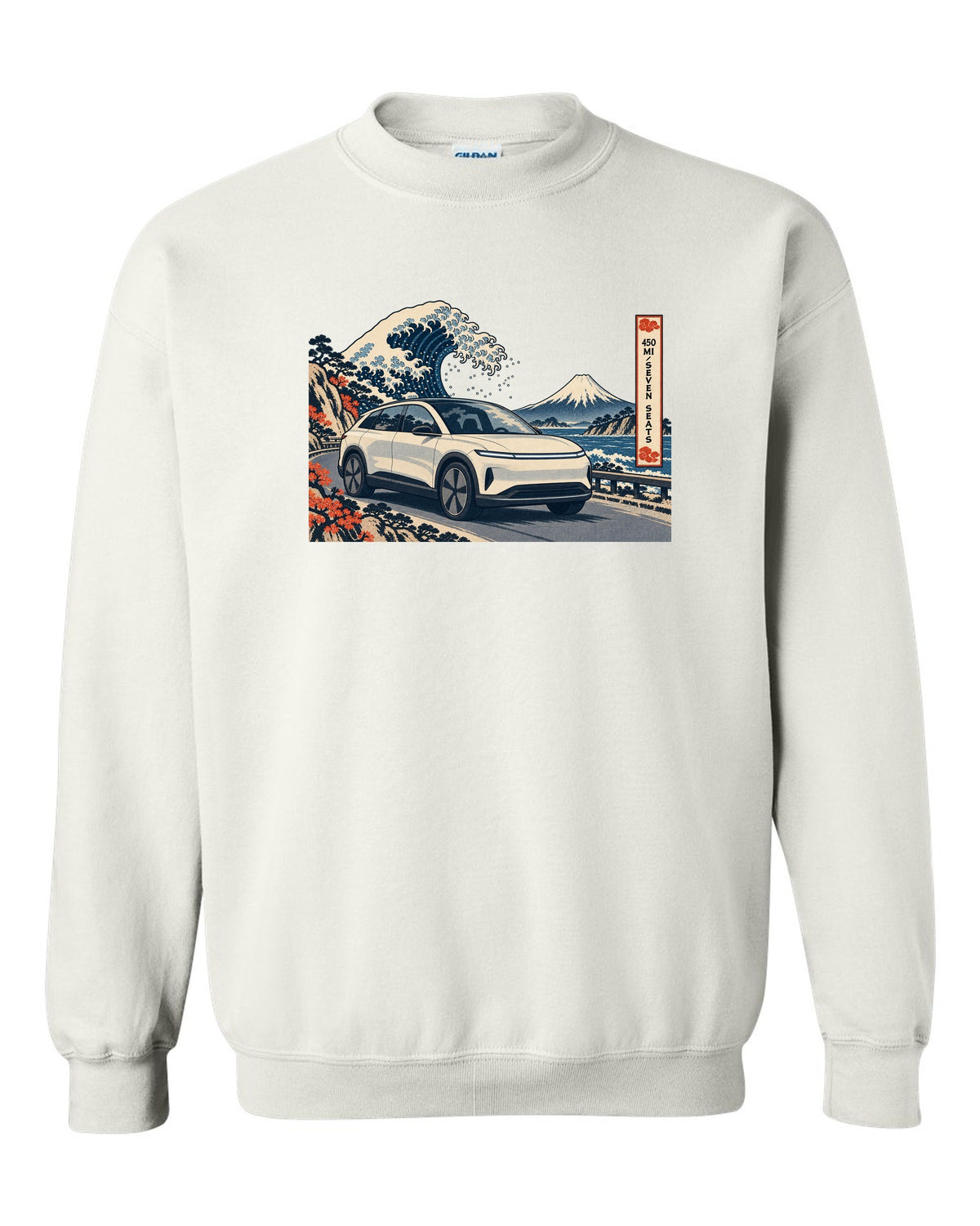 Lucid Gravity ukiyo-e woodblock ridge line print with the text 450 mi seven seats white crewneck front view with the design