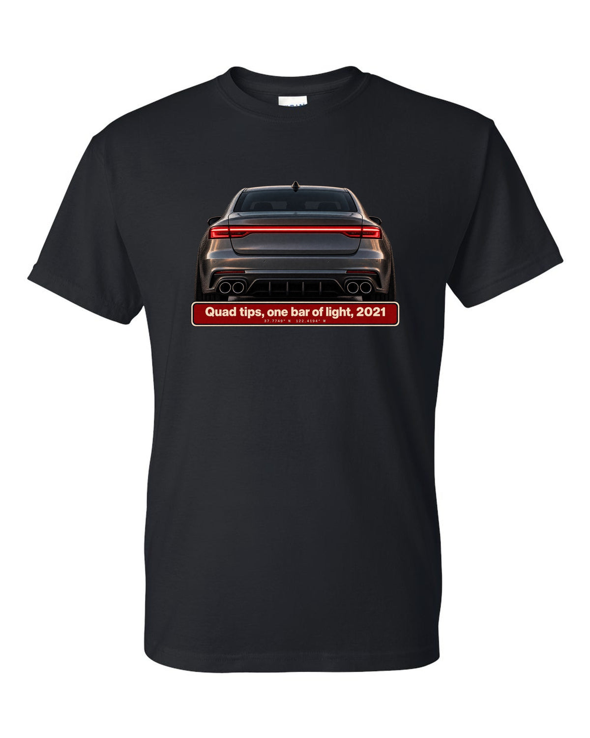 Acura TLX Type S taillight and quad exhaust tips macro print black t-shirt front view with the design