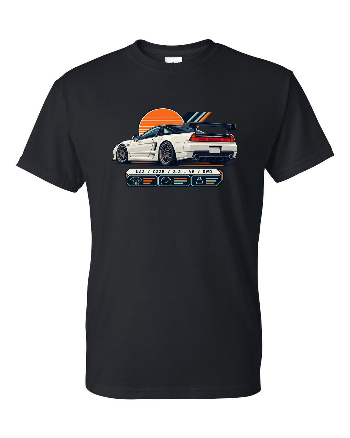 Spec-sheet data plate print of the Honda NSX-R NA2 with NA2 C32B 3.2 L V6 RWD text black t-shirt front view with the design