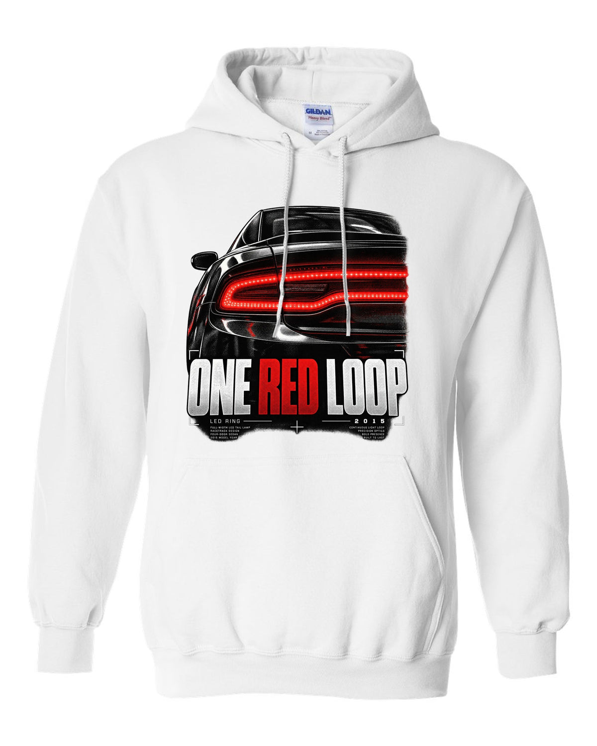 Macro print of a 2015 Dodge Charger LX/LD red LED ring taillight white pull over hoodie front view with the design