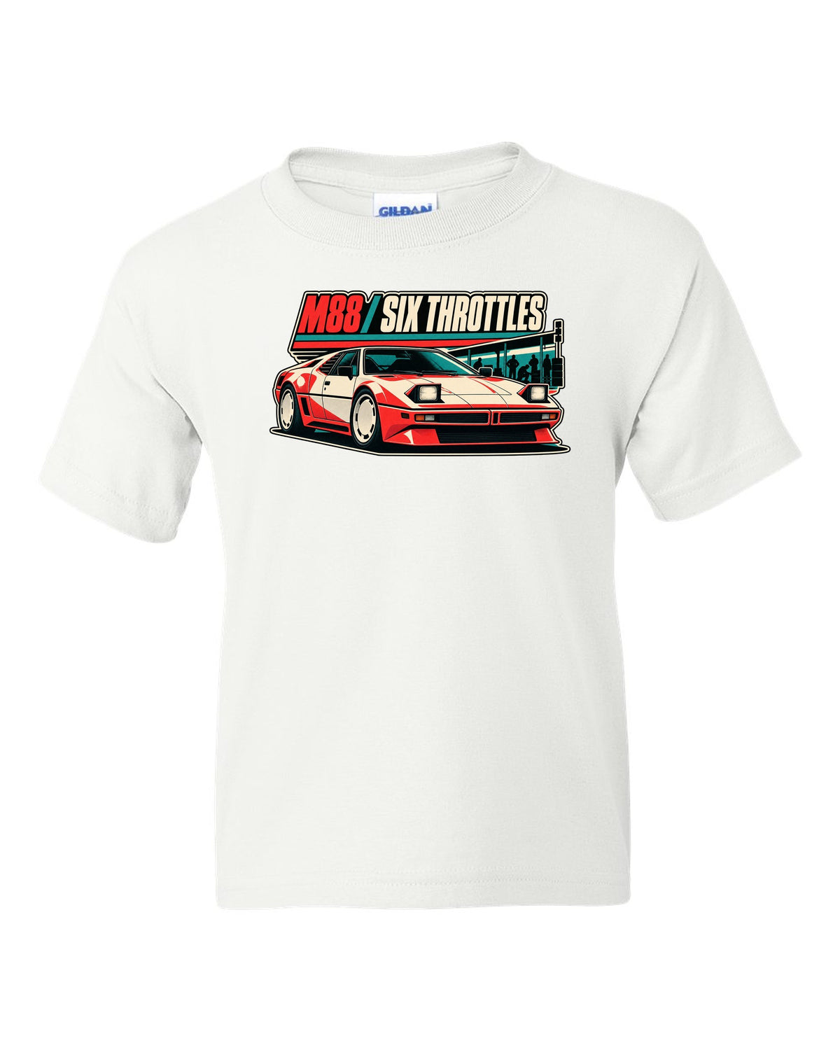 Vintage race poster print of a BMW M1 E26 with M88 six throttles lettering white kids tee front view with the design