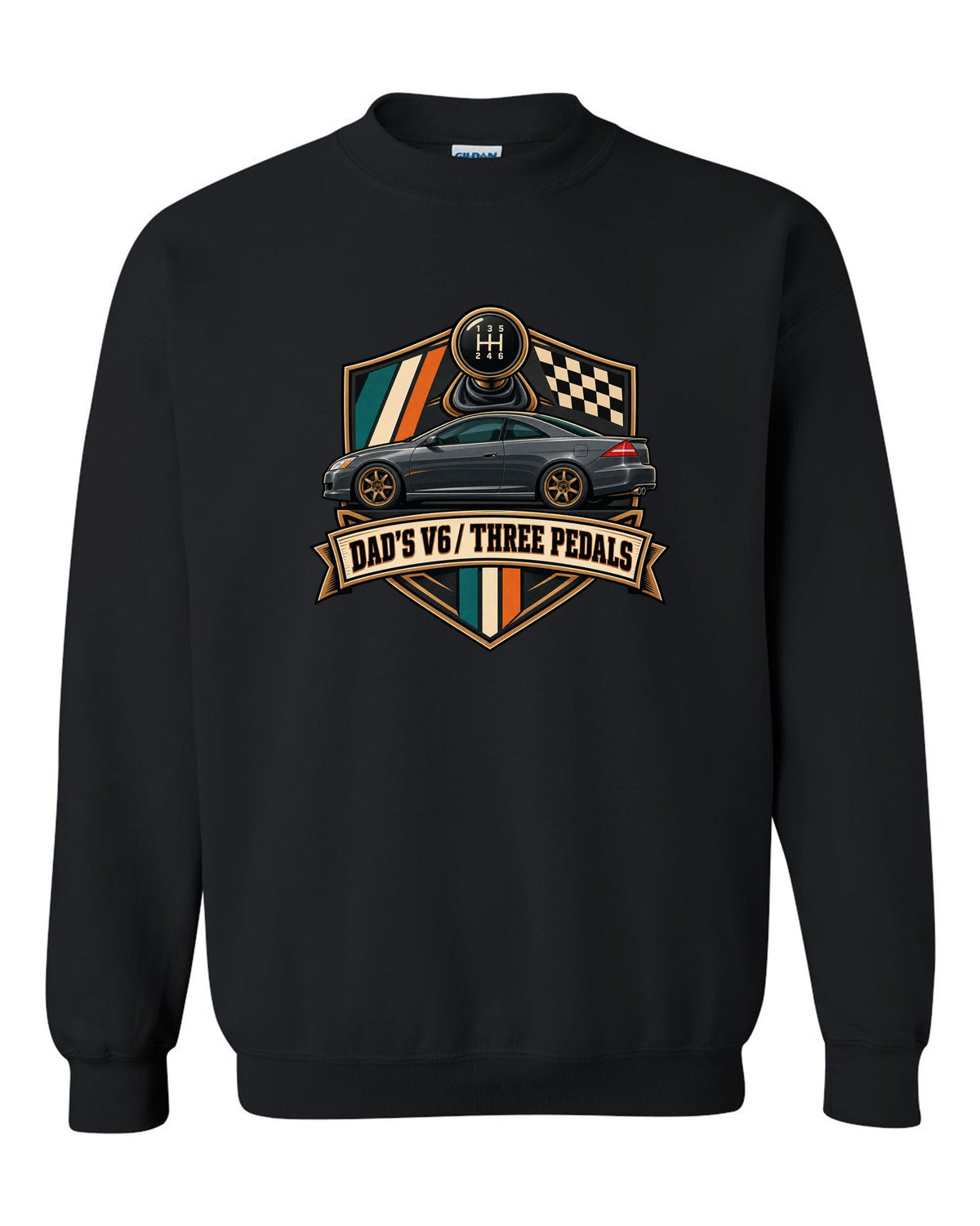 Crest layout print for the Honda Accord V6 Coupe with three pedals text black crewneck front view with the design