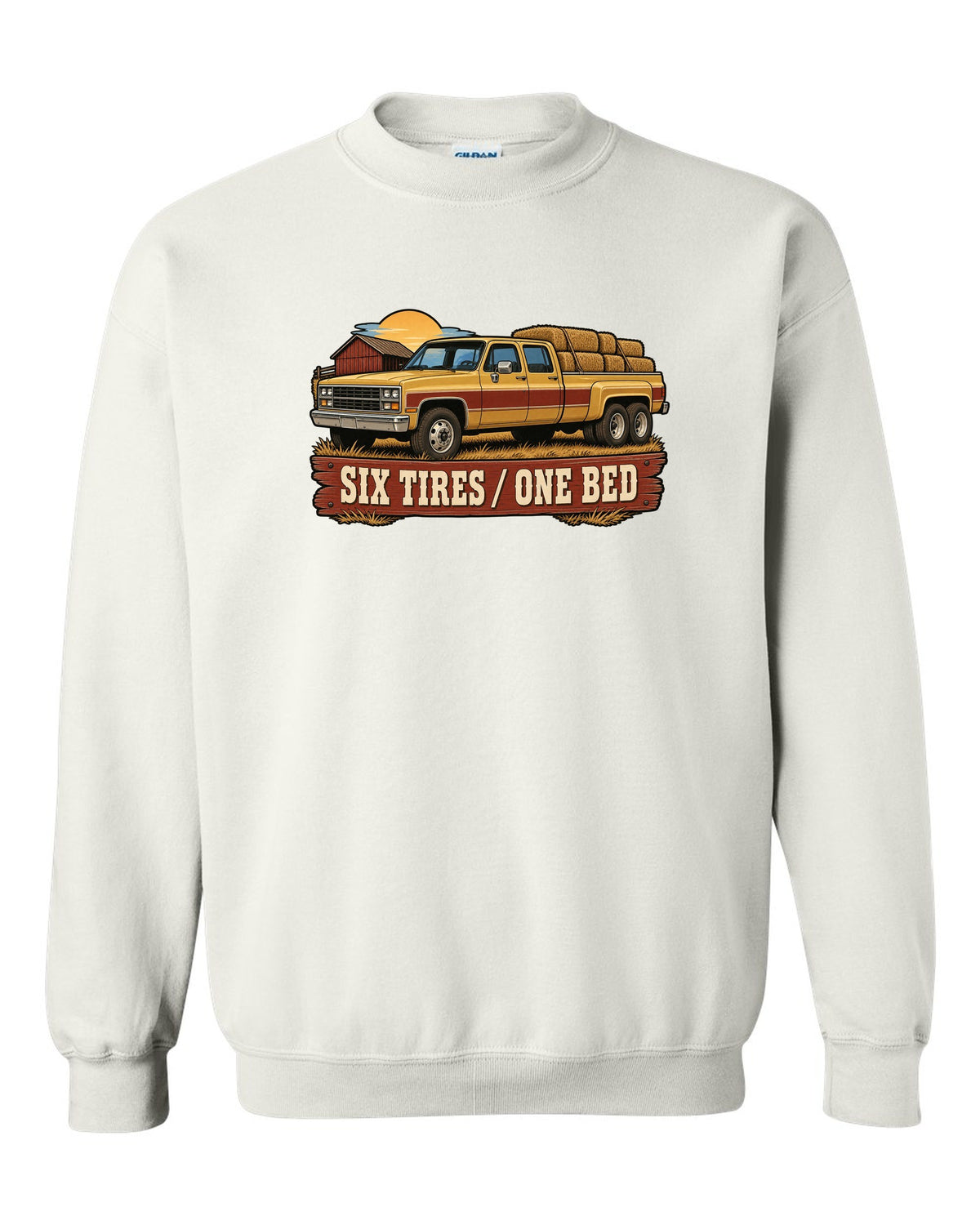 Vintage dealer-ad style print of a 1973-87 Chevrolet C20 Squarebody crew cab with six tires one bed lettering white crewneck front view with the design
