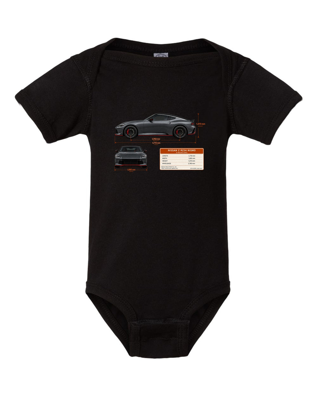 Orange 2024 Nissan Z RZ34 Sport rear view with taillight, ducktail lip and twin round tips black baby onesie front view with the design