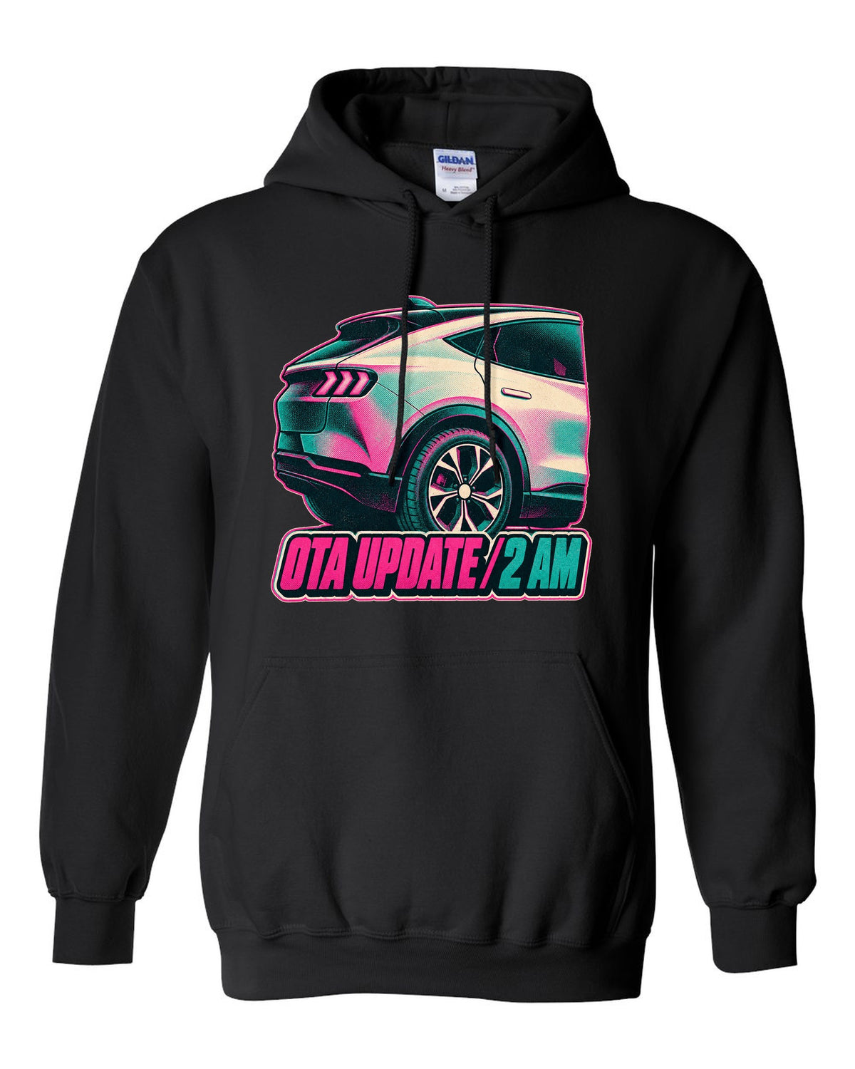 Risograph halftone wheel print of a 2020 Mustang Mach-E CX727 reading OTA Update 2 AM black pull over hoodie front view with the design