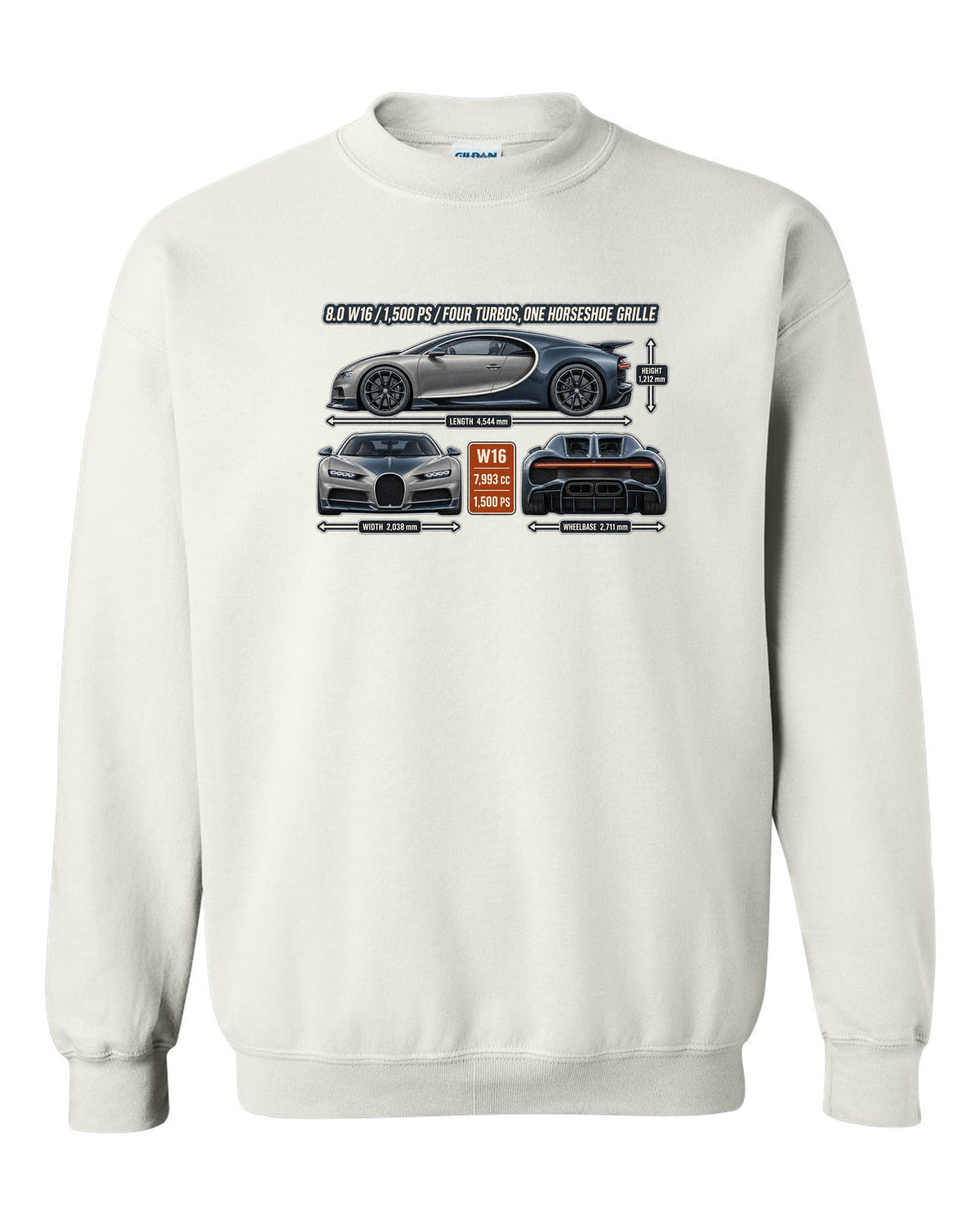 print three-view drawing with spec table of a Bugatti Chiron in slate blue white crewneck front view with the design