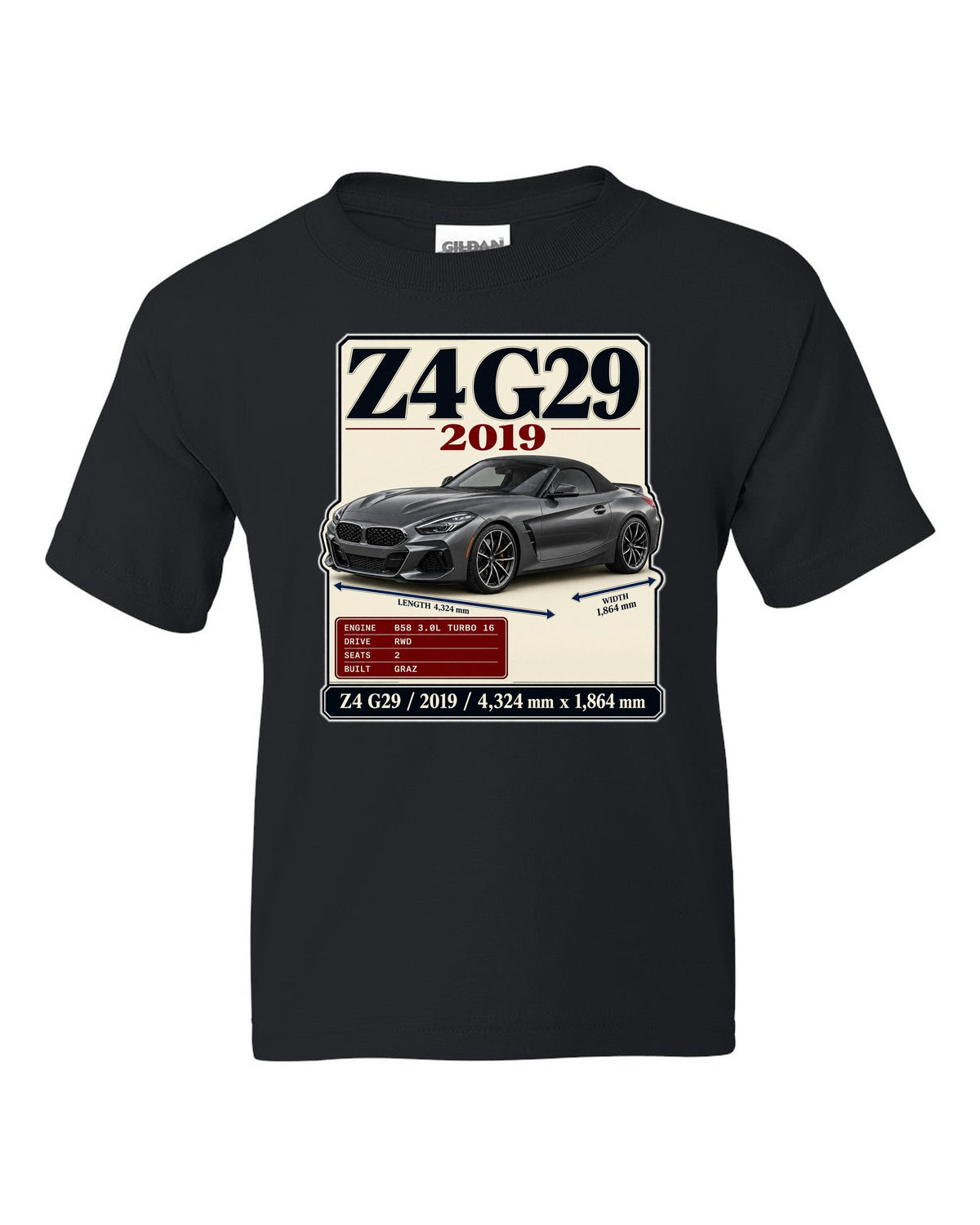 Archive plate print of the BMW Z4 G29 M40i First Edition with 2019 and dimensions black kids tee front view with the design