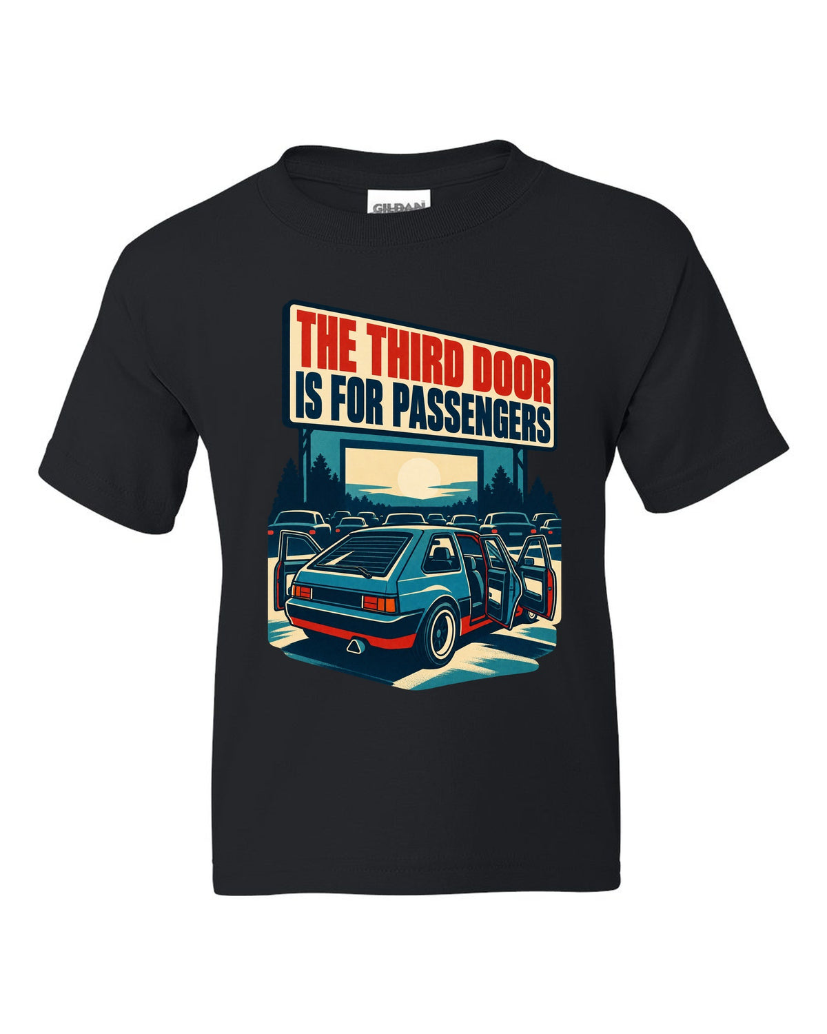 1960s litho race poster print of a Hyundai Veloster N JS with third door text black kids tee front view with the design