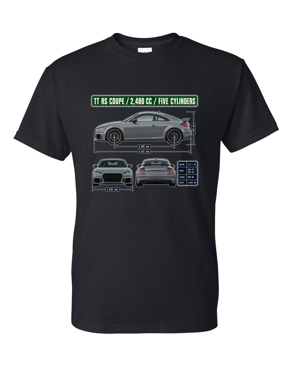 Audi TT RS 8S coupe dimension blueprint print with five-cylinder engine size black t-shirt front view with the design