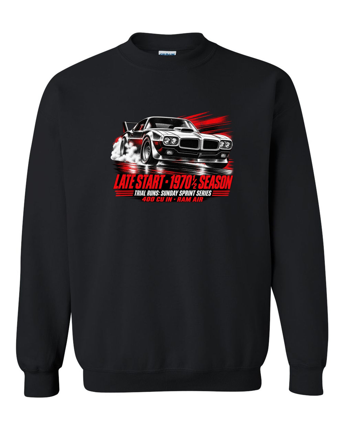 1970 1/2 Pontiac Firebird Trans Am race poster print with Ram Air text black crewneck front view with the design
