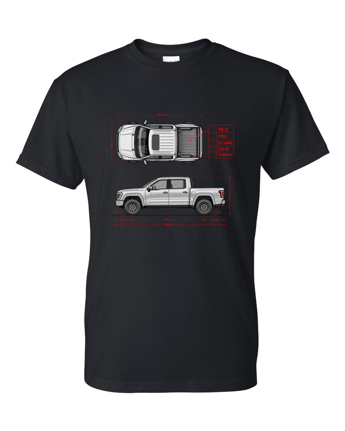 Ford Ranger T6.2 P703 spec poster print with 2.3 turbo, 270 HP and 10 speeds black t-shirt front view with the design