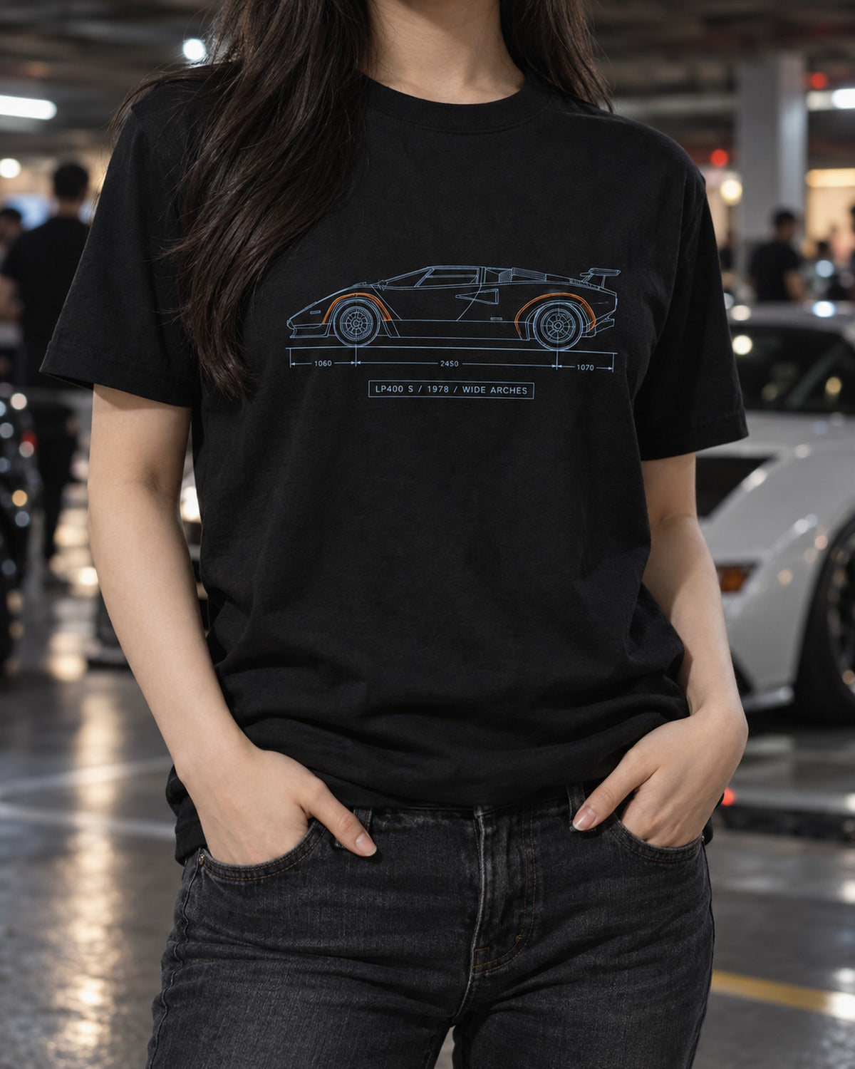Lamborghini Countach LP400 S Wide Arch Blueprint Shirt, 1978 T-Shirt Black worn hero