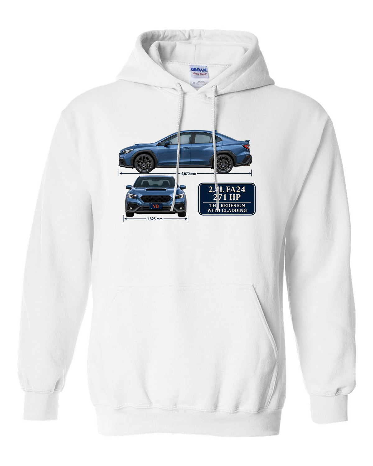 Subaru WRX VB sedan in rally blue-grey with editorial headline white pull over hoodie front view with the design