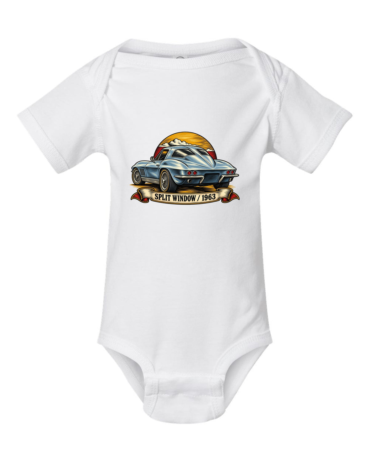 Woodcut linocut rear view print of the 1963 Corvette C2 Sting Ray split-window coupe white baby onesie front view with the design