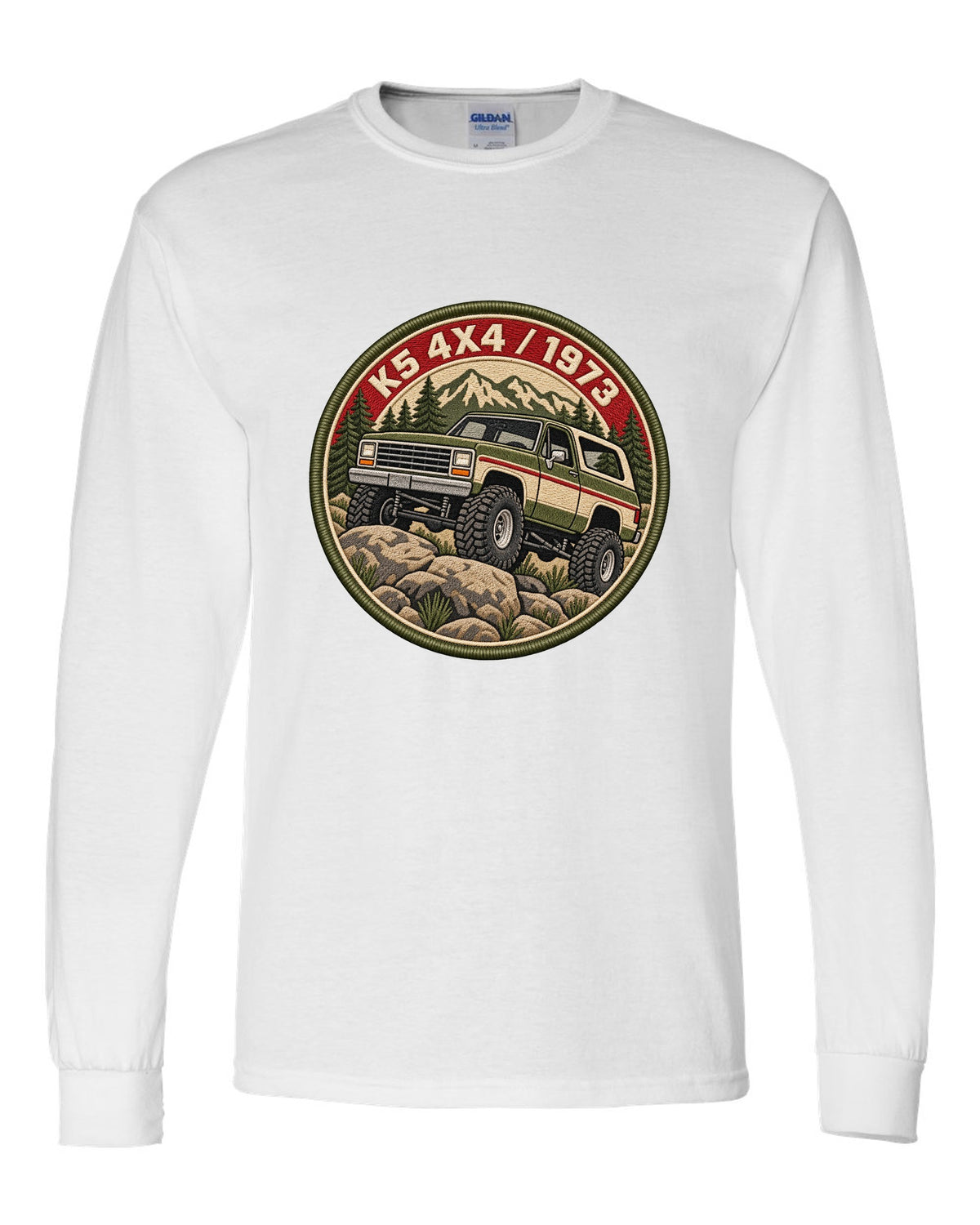 Embroidery-style varsity crest print of a 1973-91 Chevrolet K5 Blazer with K5 4x4 1973 lettering white long sleeve front view with the design