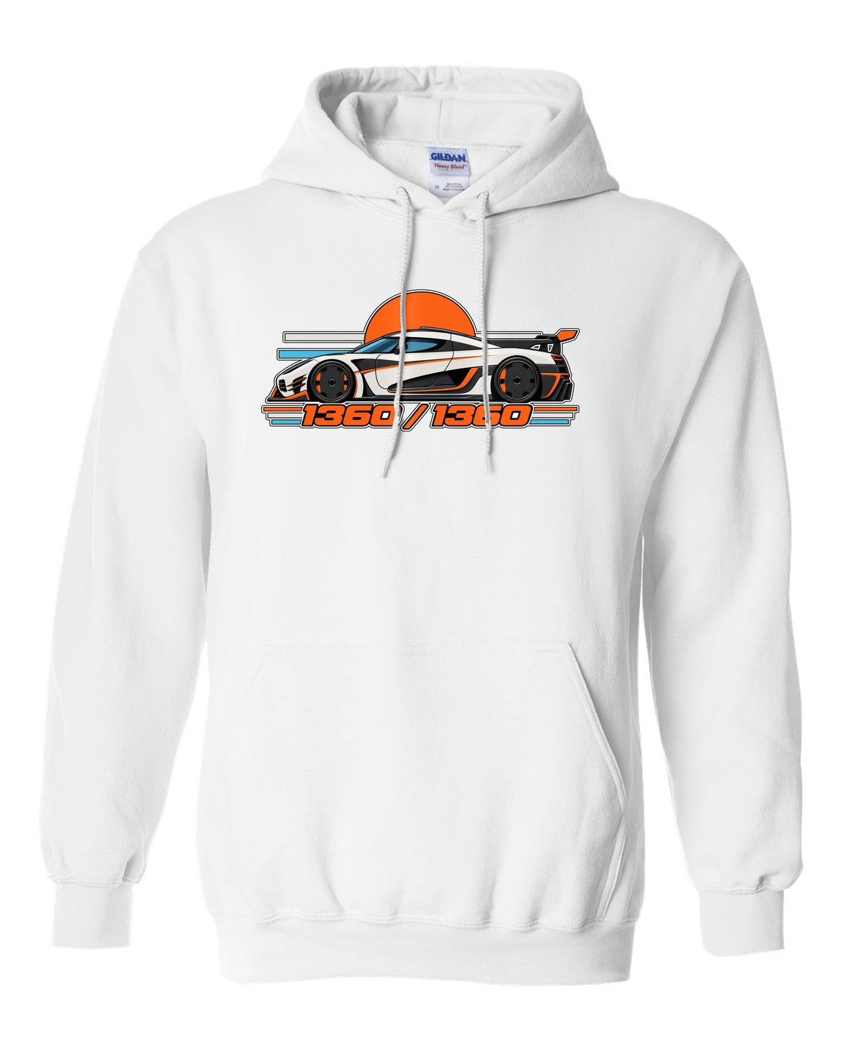Minimal Swiss grid print for the Koenigsegg One:1 with 1360 over 1360 lettering white pull over hoodie front view with the design