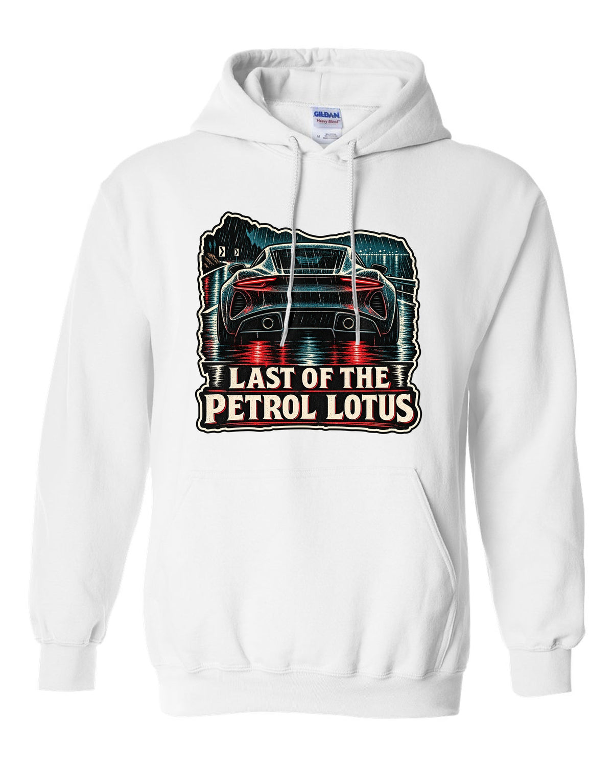 Lotus Emira in linocut woodcut style with LAST OF THE PETROL LOTUS lettering white pull over hoodie front view with the design