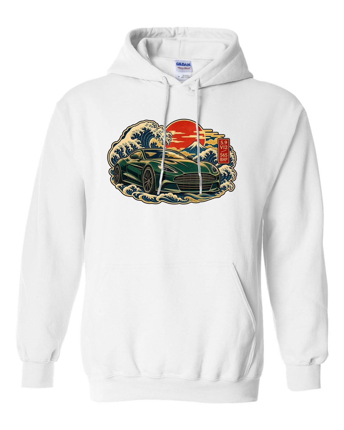 Aston Martin Vanquish ukiyo-e woodblock wave with 5.9 V12 565 BHP lettering white pull over hoodie front view with the design