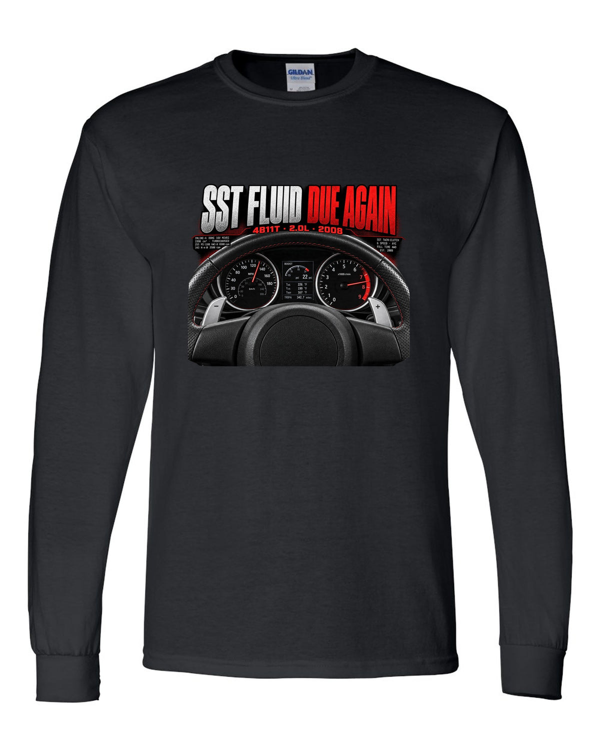 Mitsubishi Lancer Evolution X cockpit gauge print with SST fluid reminder text black long sleeve front view with the design
