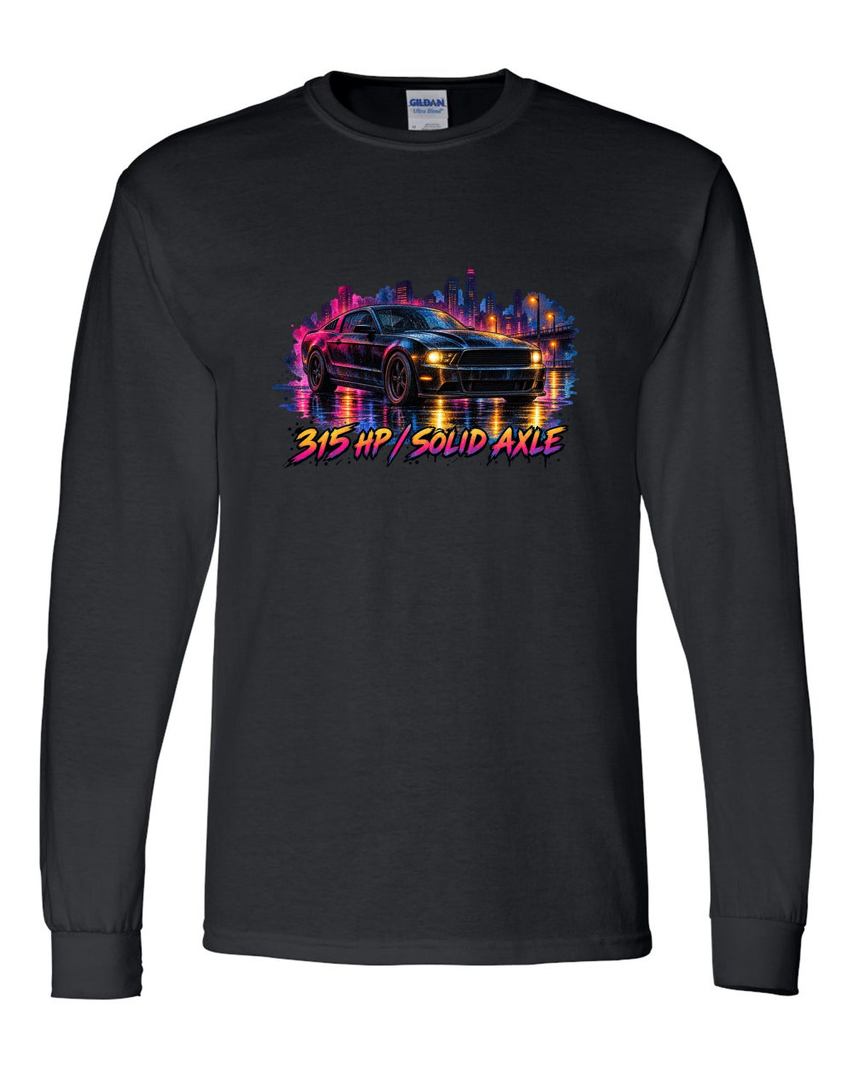 Watercolour wet road night scene with a 2005-2014 S197 Ford Mustang fastback black long sleeve front view with the design