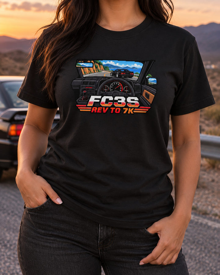 Mazda RX-7 FC3S 8-Bit Cockpit Redline Shirt, Rotary Gift T-Shirt Black worn hero