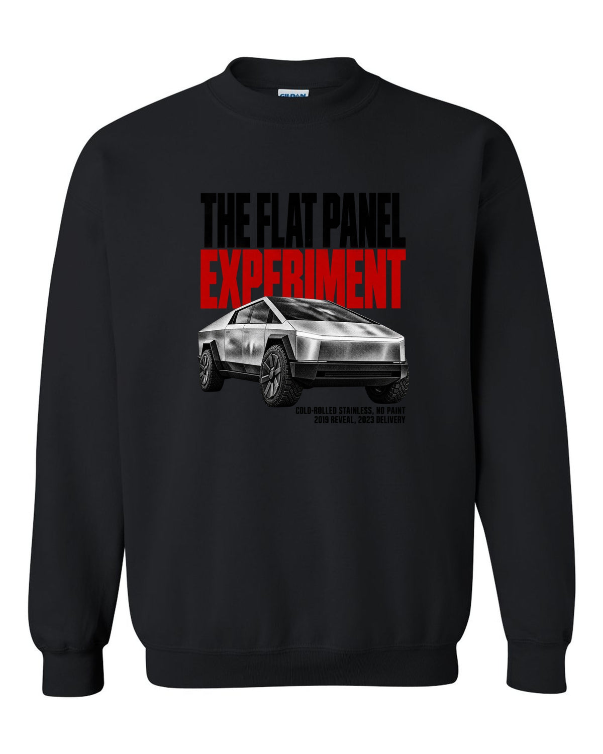 Halftone print of a 2023-24 Tesla Cybertruck with cold-rolled stainless text black crewneck front view with the design