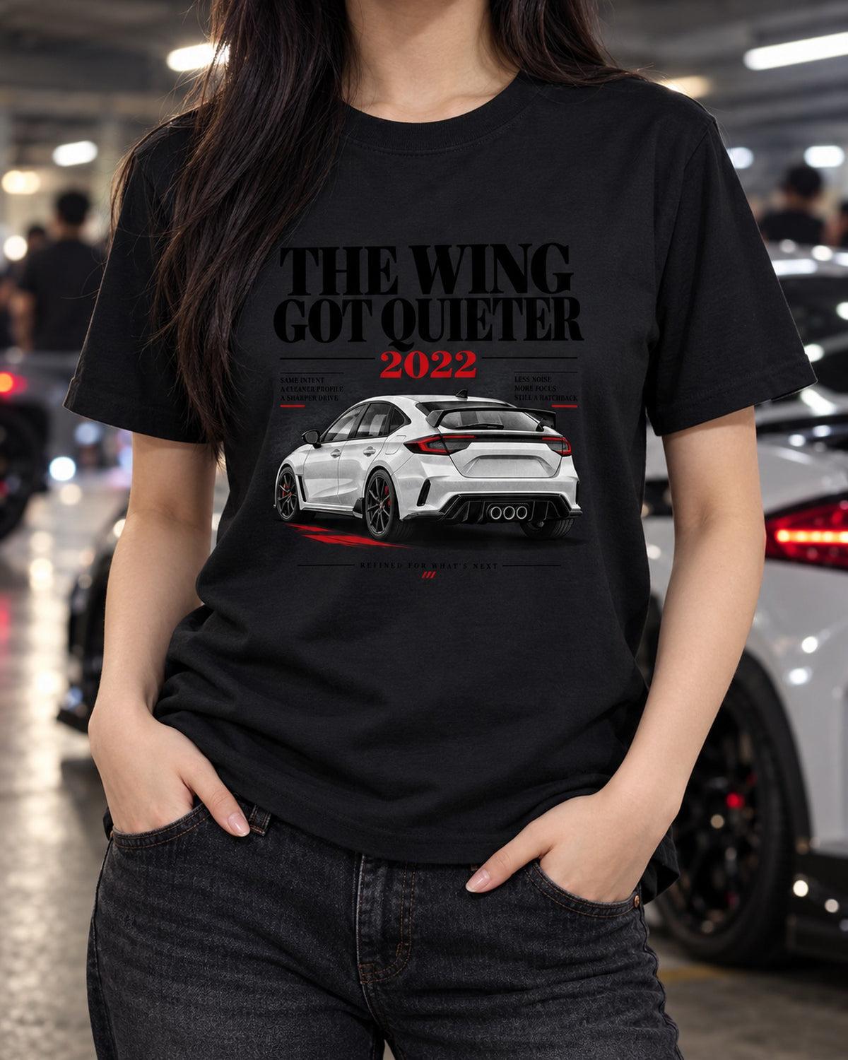 Honda Civic FL5 Type R Quieter Wing Editorial Tee, Car Gift T-Shirt Black worn hero