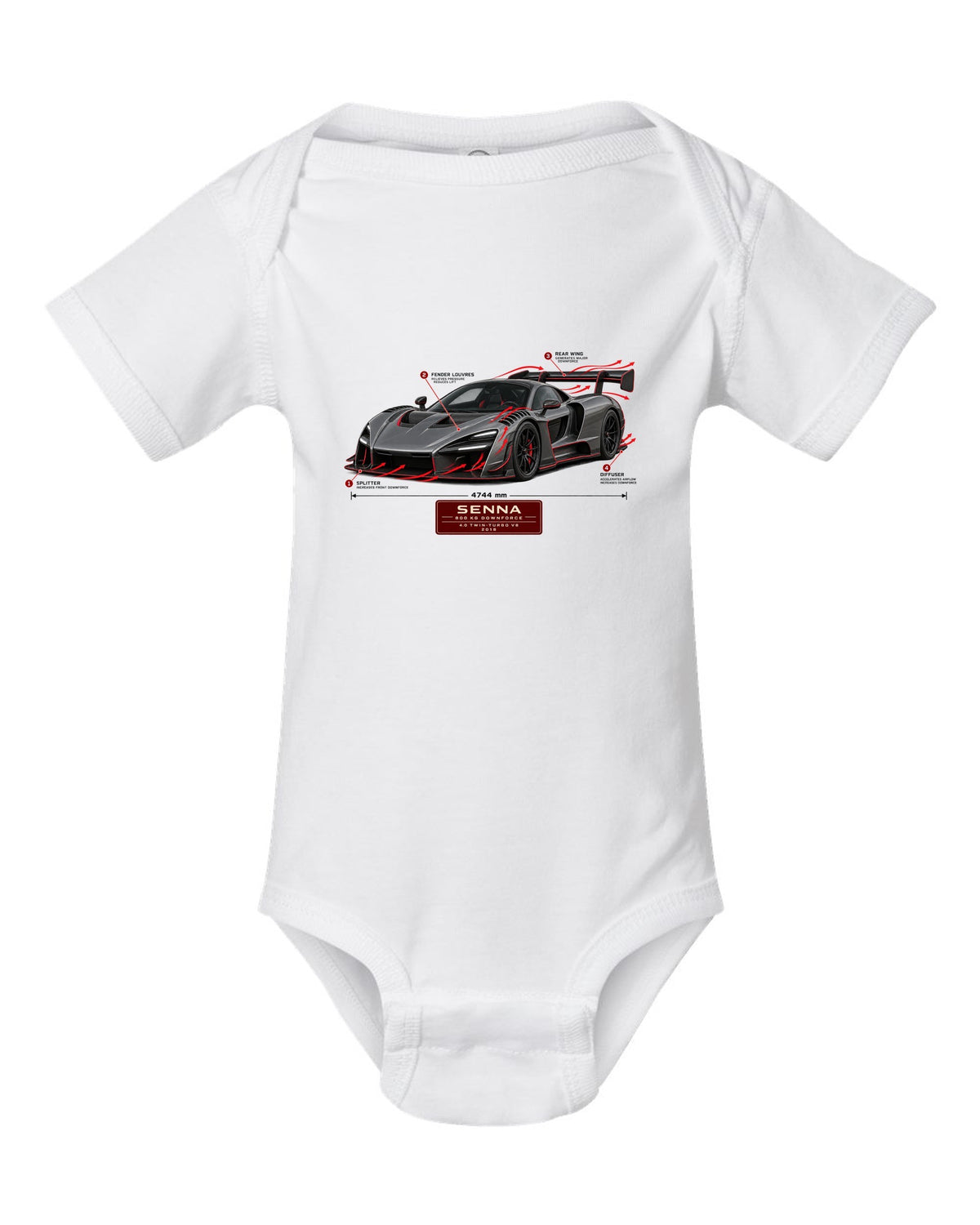 Aero callout print of a McLaren Senna showing 800 kg downforce white baby onesie front view with the design