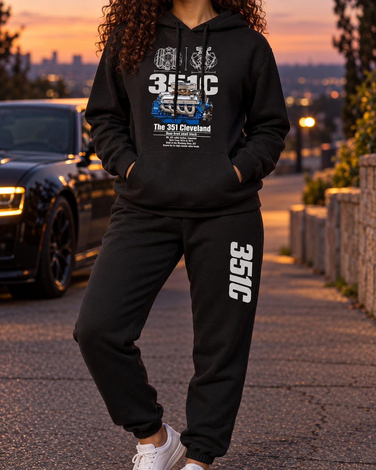 Ford 351 Cleveland Engine Hoodie + Jogger Set Black worn hero