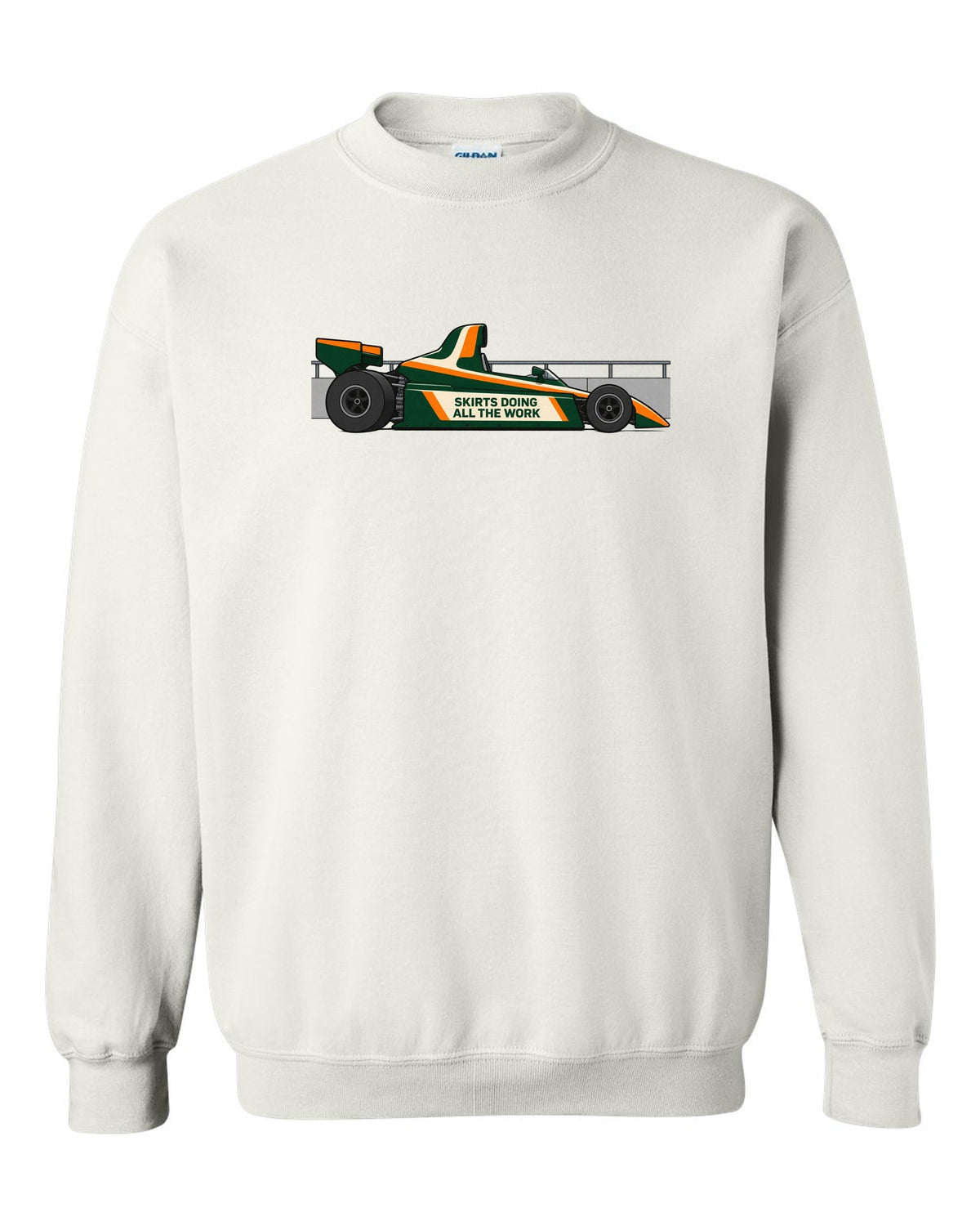 Flat vector Lotus 79 Formula 1 car with the lettering skirts doing all the work white crewneck front view with the design
