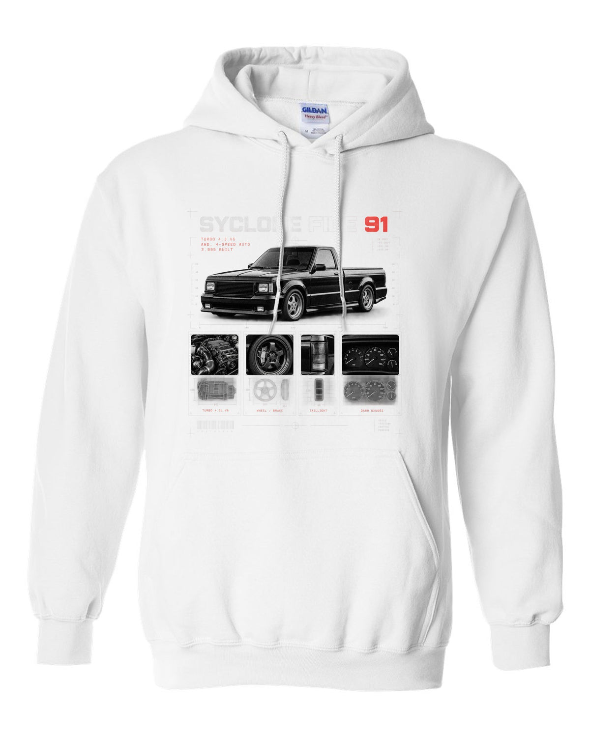 Dossier panel print of a 1991 GMC Syclone with turbo 4.3 V6 and 2,995 built text white pull over hoodie front view with the design